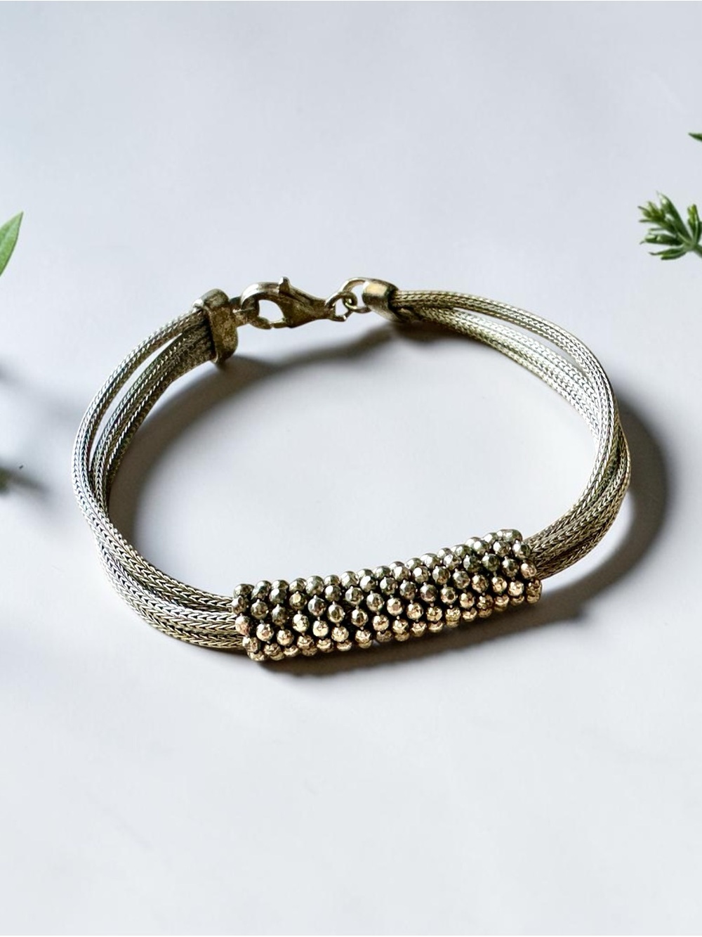 AE Sterling Silver 925 Multistrand Wheat Link Caviar Accent Bracelet 7.5" Italy